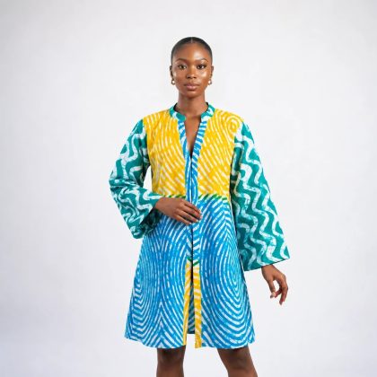 Hermazing Teal and Yellow Flare Shirt Dress
